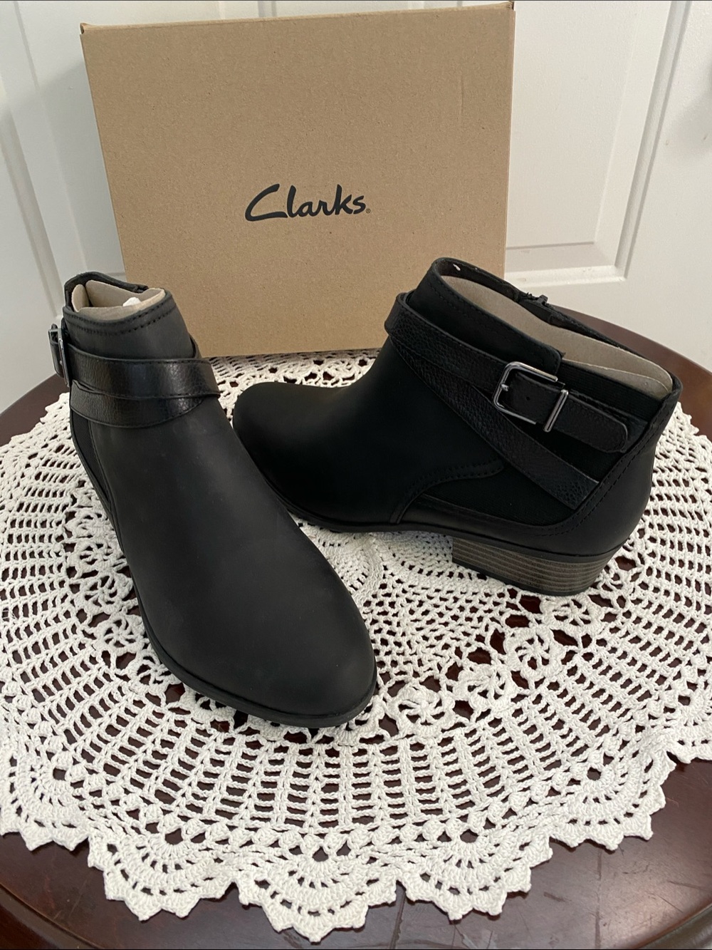 New Clarks Black Ankle Booties with Buckle Strap